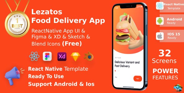 Lezatos ANDROID + IOS + FIGMA + XD + SKETCH + Blend Icons | UI Kit | React Native | Food Delivery